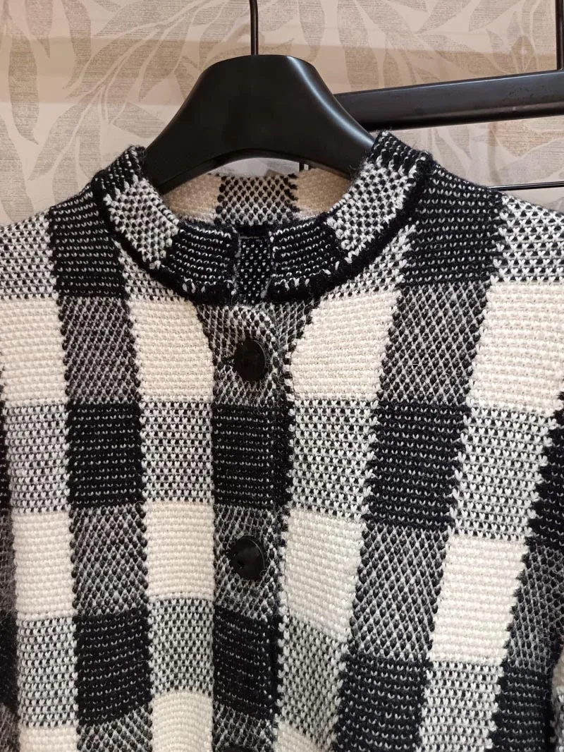 Fashion Alpaca Knit Black White Checked Cardigan For Women High Quality Stand-Neck Short Sleeve Single Breasted Top Lady Autumn