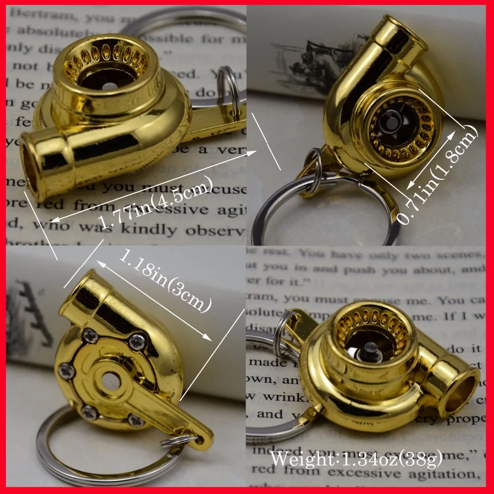 Sleeve Bearing Spinning Golden Auto Parts Models Turbine Turbocharger Turbo Keychain Key Chain Ring Keyfob Keyring