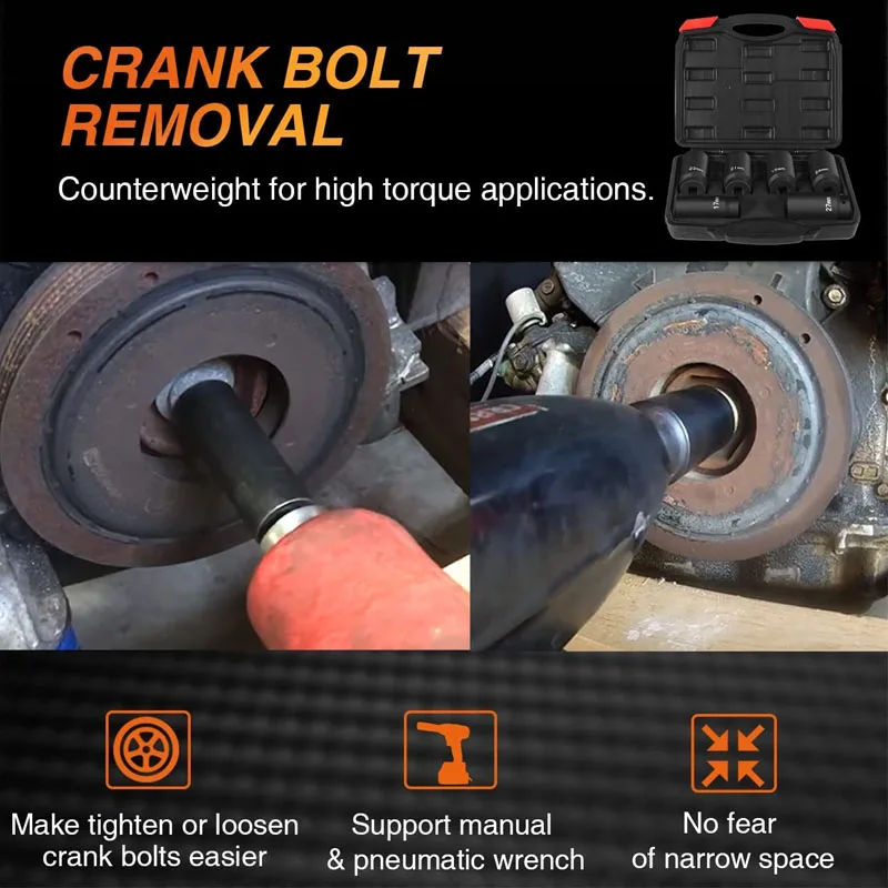 Crank Bolt Socket Set, 17MM, 19MM, 21MM, 22MM, 24MM, 27MM, Harmonic Balancer Socket Set, 1/2-Inch Metric Deep Impack Socket Set