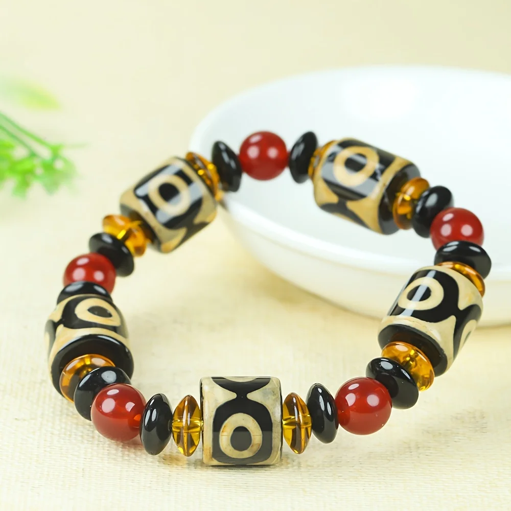 Natural old dzi beads, three-eye nine-eye bracelet, silk-wrapped agate men's bracelet, fashionable and retro holiday gift.