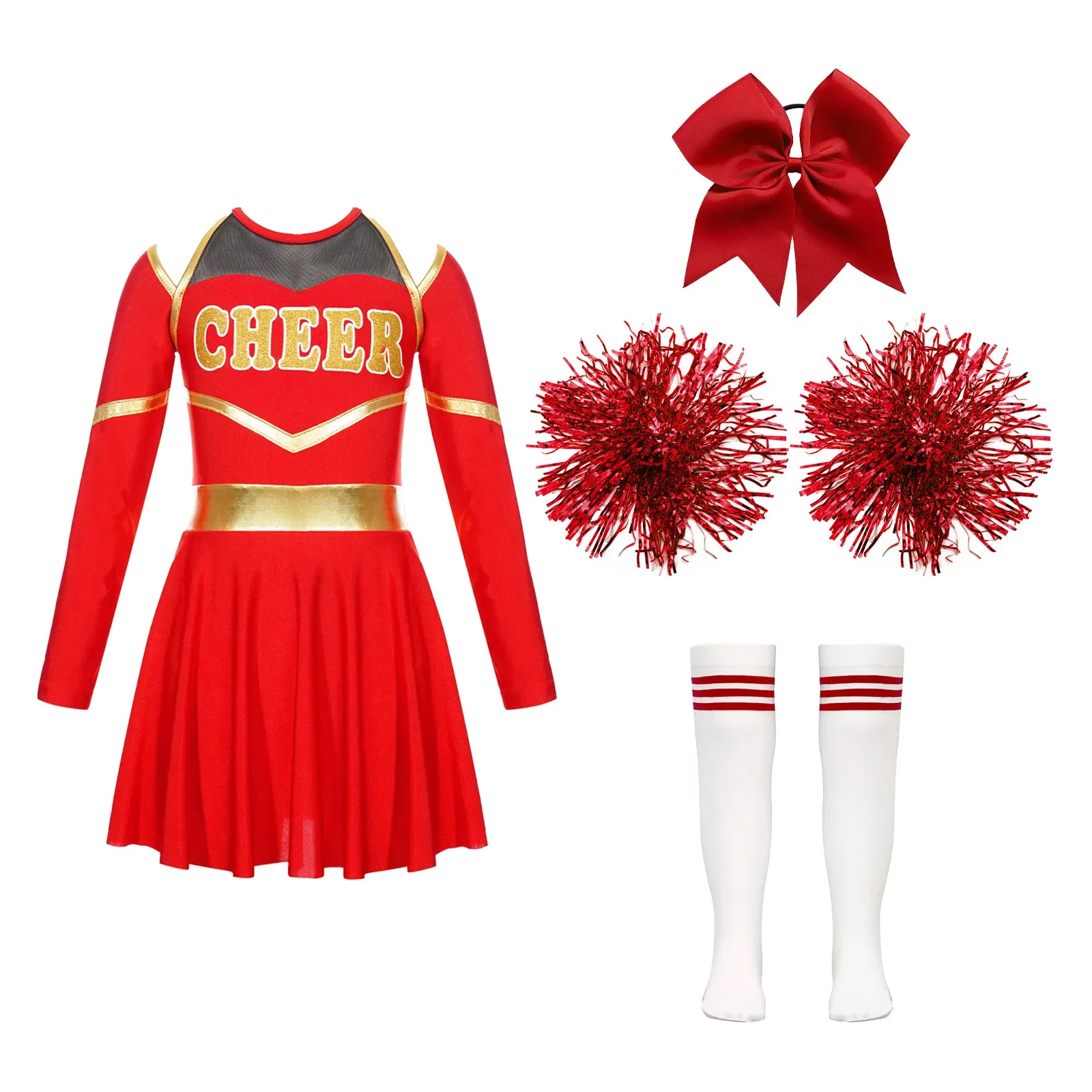 Kids Girls Cheerleading Uniform Dress With Flower Balls Sets Children Cheering Team Dance Outfits Cheerleader Costumes Dancewear