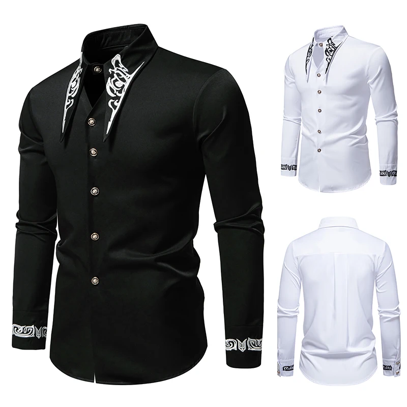 

Men Long Sleeve Shirts Floral Collar Mens Dress Shirt Male Groomsman Clothes Chemise Hemd Homme Shirts S65