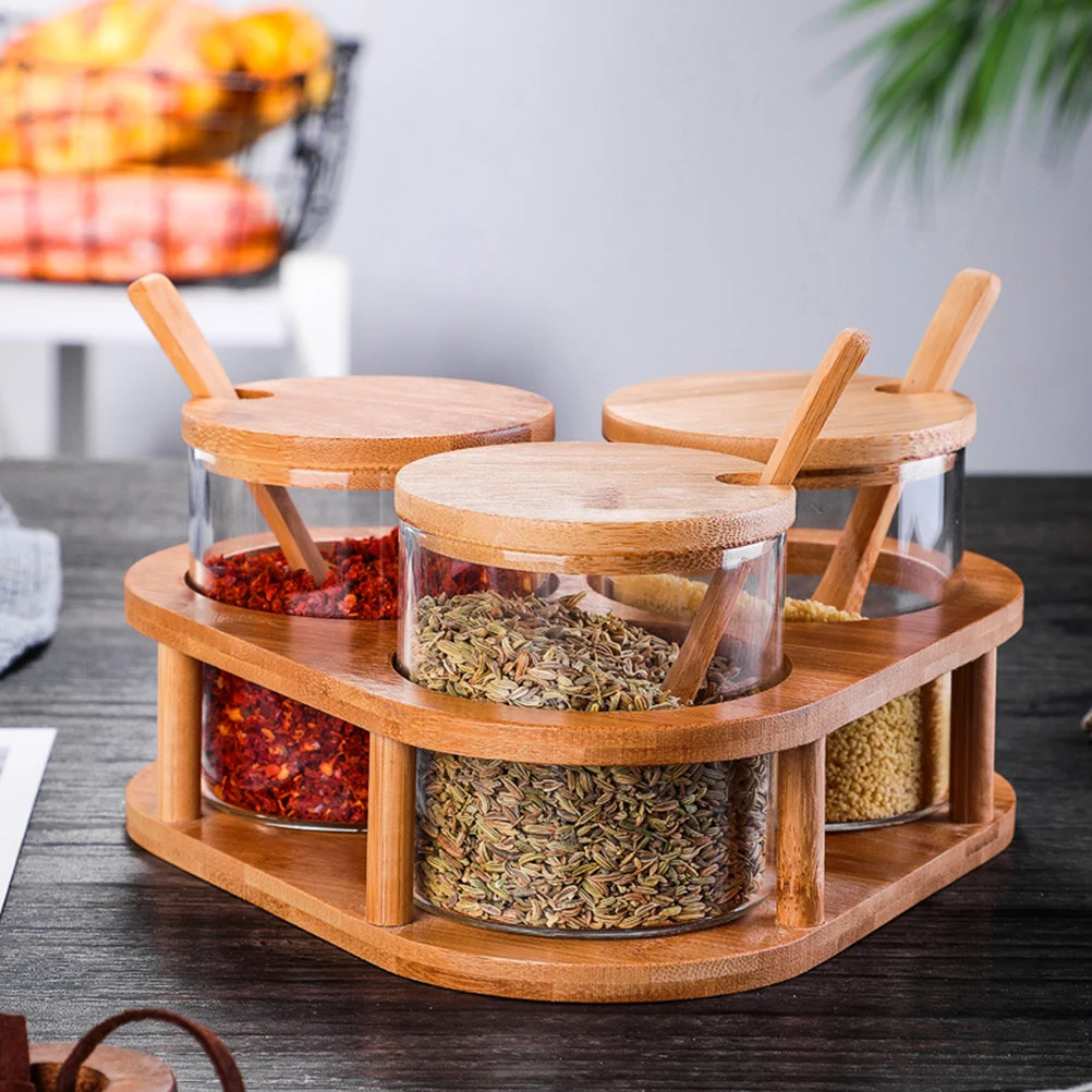 

Glass Seasoning Jars Set Containers with Spoon Bamboo Lids Kitchen Gadgets Spice Storage Organize Home Restaurant