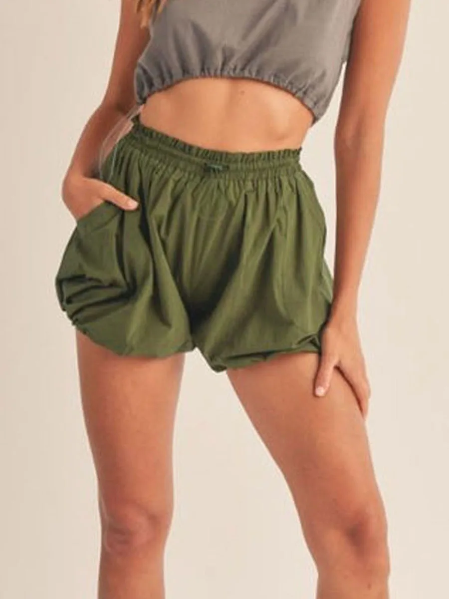 Shorts casuais de cintura com cordão feminino, shorts bolha com bolsos, streetwear, corrida atlética, moda treino, novo verão, 2024