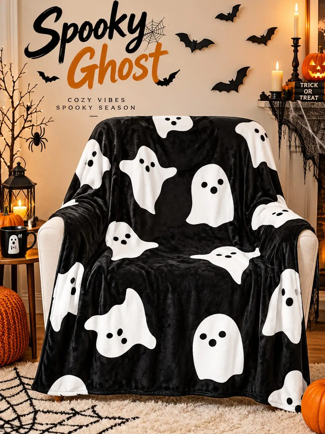 Halloween Flannel Blankets & Throws Ghost Figure Doodle Art Sofa Bed Couch Nap Home Decor Living Room Bedroom Dorm Reading Movie Night Camping Travel Gift for Women Family Friends Thanksgiving Christmas Anniversary Birthday Party Housewarming