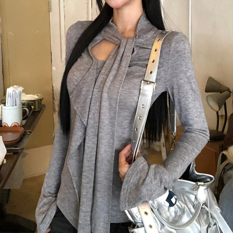 

Gray High-end Irregular Base Shirt Halterneck Streamer Long Sleeve T-shirt Women's Autumn and Winter Special Top