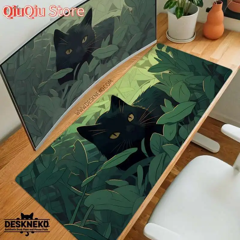 

Green Desk Mat cute, Black Cat Mouse Pad, Forest Deskmat large, Soft Ergonomic matt, nature mousepad xxl, Anime aesthetic mousem