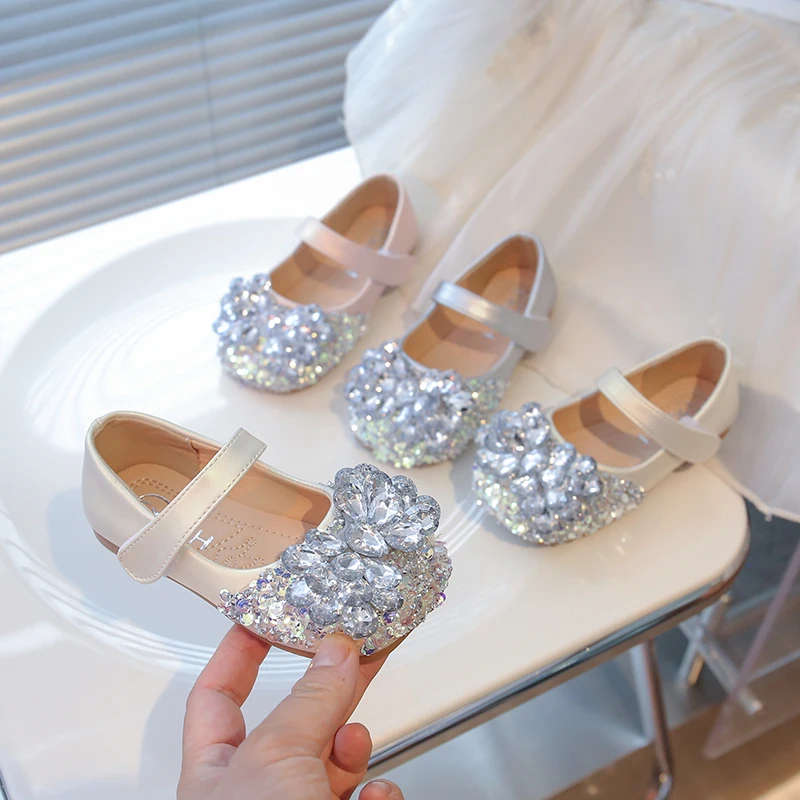 

Fashion Girls Leather Shoes Luxury Rhinestone Children's Dress Flats Shallow Princess Wedding Party Sequins Kids Causal Shoes