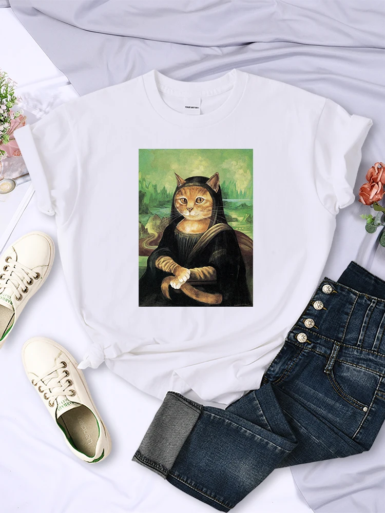 Vintage Painting Monalisa Orange Cat Print T-Shirts Women Casual Summer Tops Casual T-Shirt Fashion Crewneck T Shirt Men New