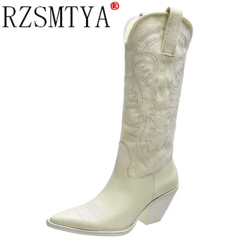 2020  Women High Heels Wedges Long Riding Boots Winter Knee High Boots Designer Beige Heels Western Cowboy Boots A162