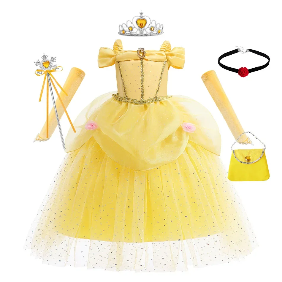 Girl Belle Dress Up Sleeveless Floral Children Party Princess Yellow Costume Kids Beauty and The Beast Halloween Carnival Outfit