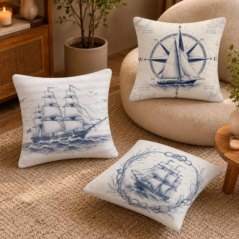 Sailing Sailboat Cushion Cover Short-Plush Cushion Cover Pillowcase — Suitable for Sofas Bedrooms and Home Decor