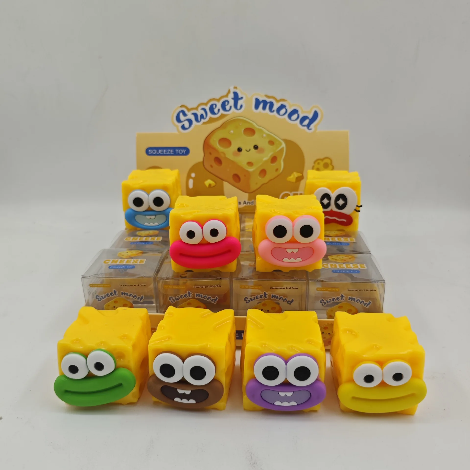 1/12PCS Building Block Cheese Squishy Toy with Cartoon Funny Faces, Realistic Stress Relief Squeeze Fidget Toy for Kids & Adults