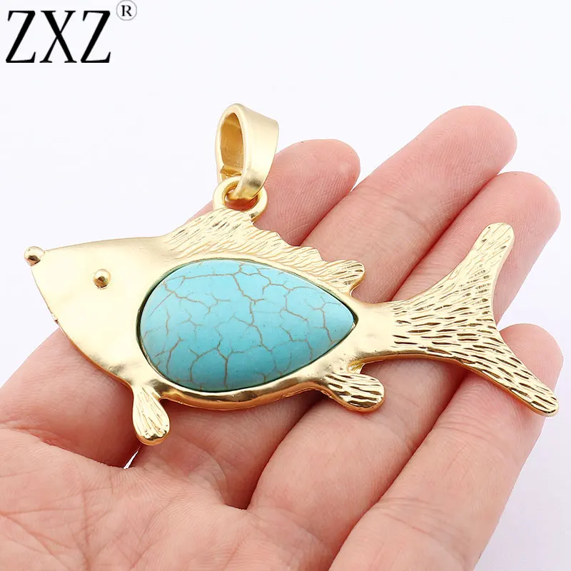 

ZXZ 2pcs Matt Gold Large Fish Faux Turquoise Stone Charms Pendants For Necklace Jewelry Making 80x46mm