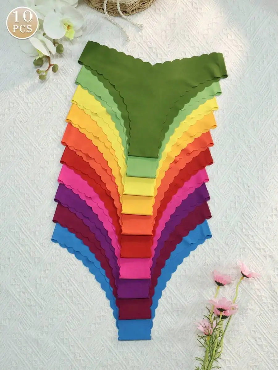 

10 Pcs Women Comfortable Wave Trim Solid Color Bikini Panties
