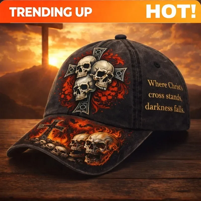 Customization Adjustable Cap Featuring A Dramatic Cross And Skull Design, Adorned With A Striking Quote About Darkness. This Col