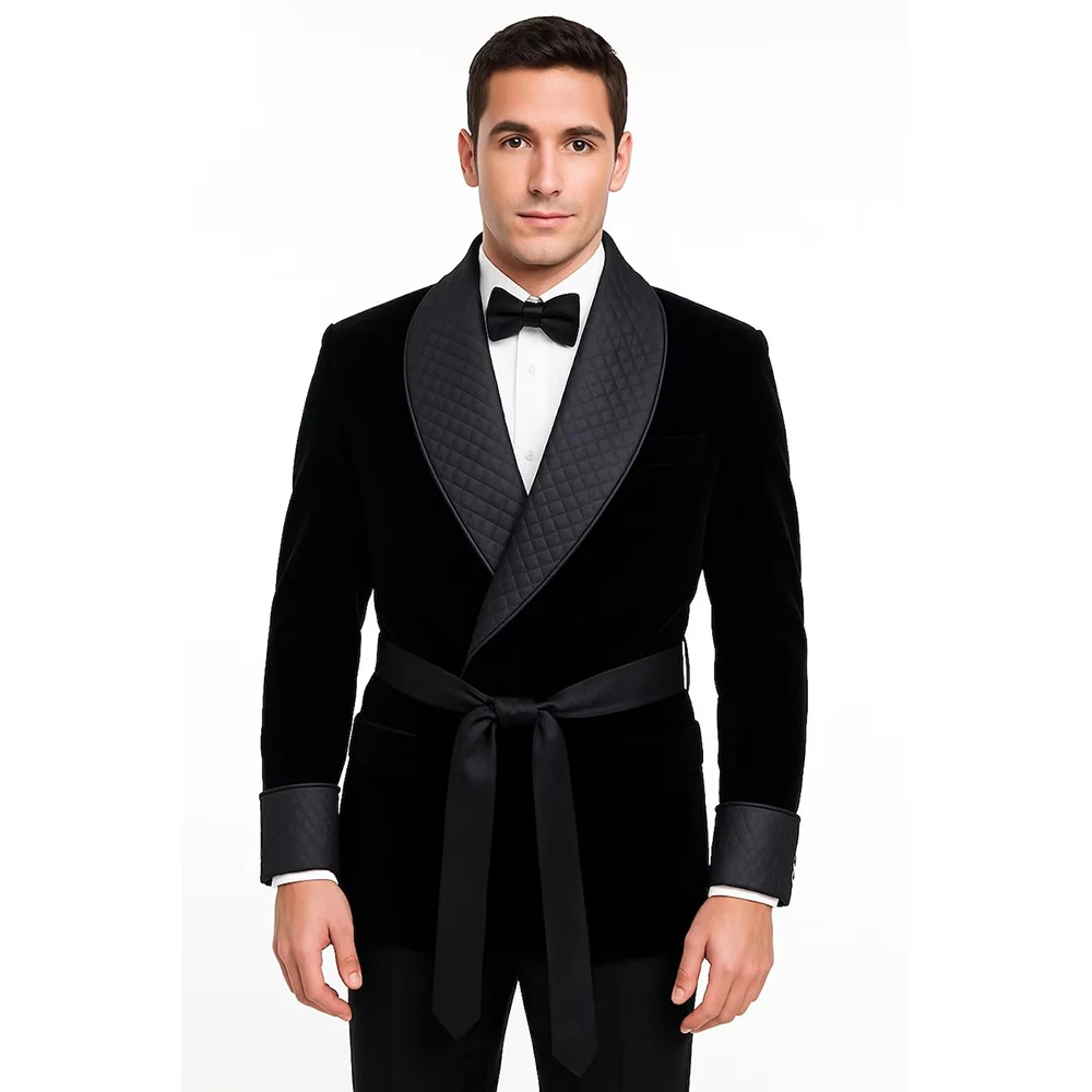 

Fashion Black Velvet Men's Suits Smoking Blazer Belt Shawl Lapel Regular Length Winter 2 Piece Jacket Pants Male Clothing Terno