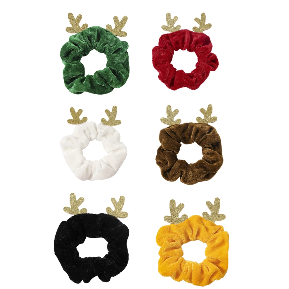 

6pcs Velvet Hair Ropes Elk Elastic Christmas Ponytail Holders Women's Colorful Decorative Hair Ties Antler Design Durable Cloth