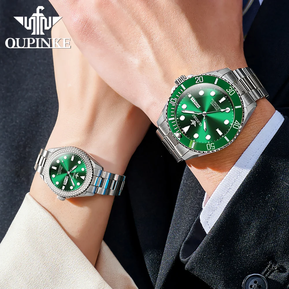 Reloj de pareja OUPINKE, reloj mecánico con movimiento importado completamente automático, serie de buceo de lujo, reloj de pareja Original para hombre y mujer