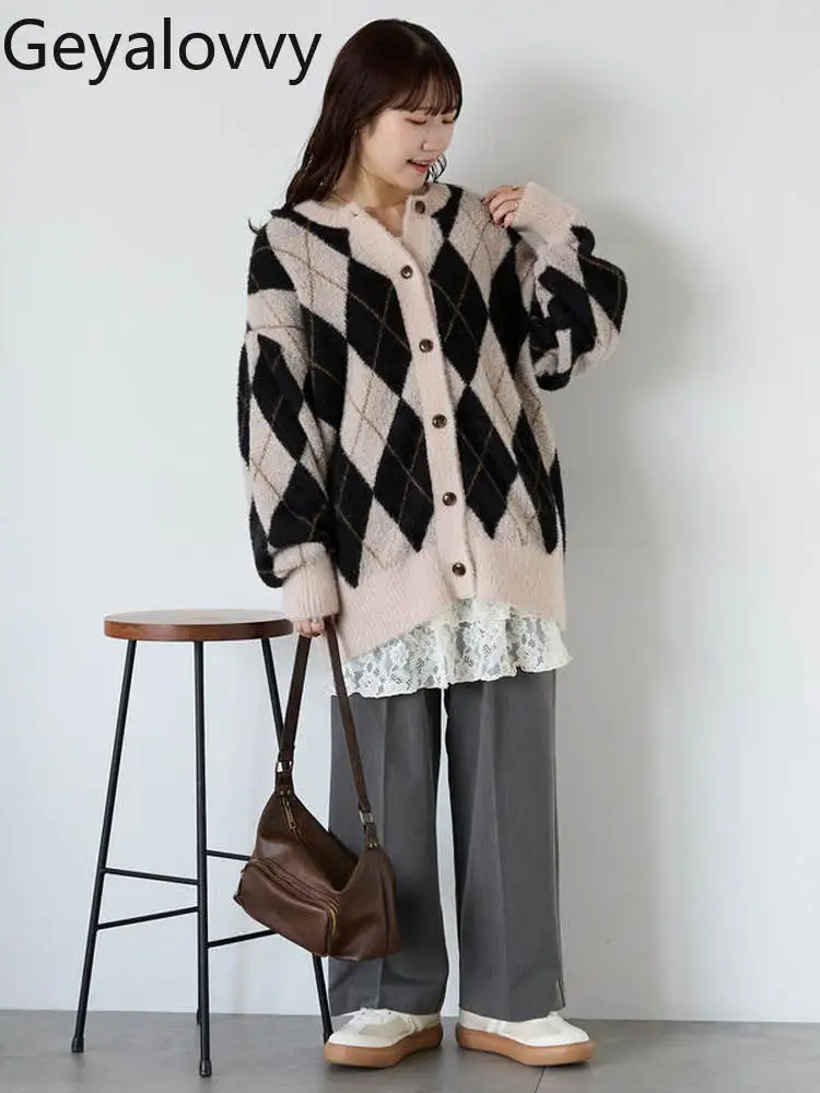 

Осень-зима, новый свободный однобортный свитер в стиле ретро с ромбовидным узором, кардиган, милая универсальная вязаная куртка с длинными рукавами для девочек