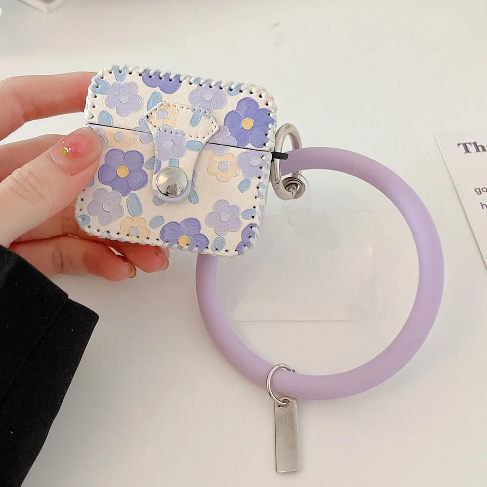 Leather Fresh Flowers Case for AirPods 1 2 Pro Earphone Charging Box Protective Bag with Wristband Cover For AirPods 3 Fundas