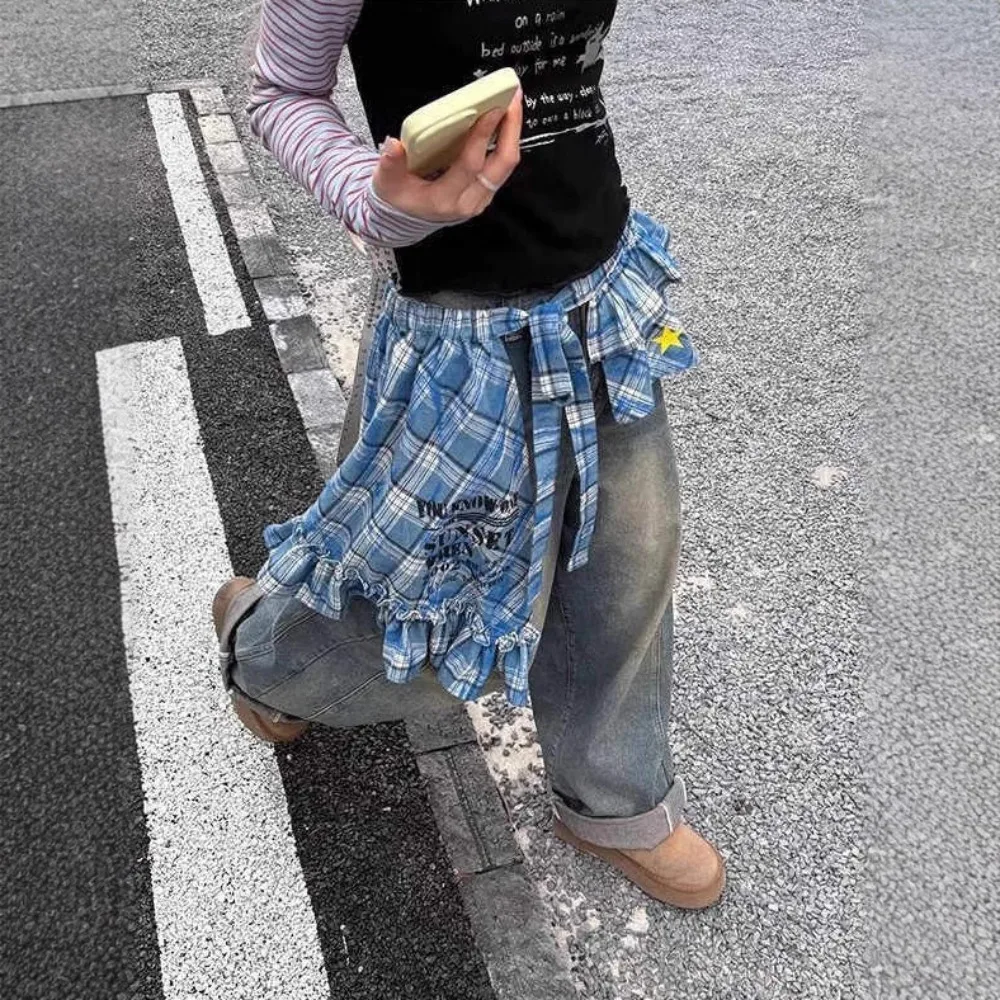 

Adjustable Star Layer Outfits Plaid Skirt Hip-hop Sweet Lace Up Hip Scarf Korean Style Y2K Ruffled Edge Waistband Jeans Decor