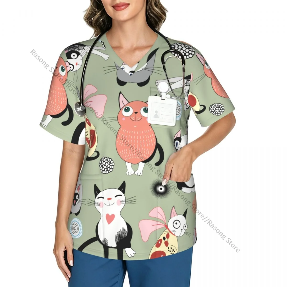 Women's Medical Scrub Top V Neck Short Sleeve Bright Funny Cats Stretch Nursing Uniform for Hospital Clinic