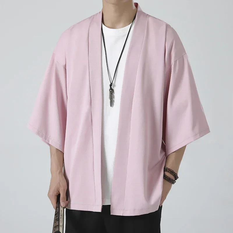 

Men's Lightweight Kimono Jacket Seven Sleeve Open Front Cardigan Coat Japanese Style Bathrobe