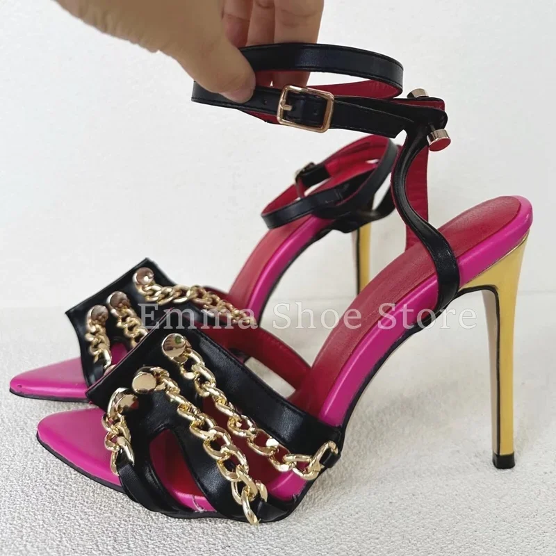 

2025 Fashion Hot Girl Pink Gold Chain Sandals Pu Leather Stiletto Heel Ankle Buckle Dress Shoes Party Ladies Trendy Footwear
