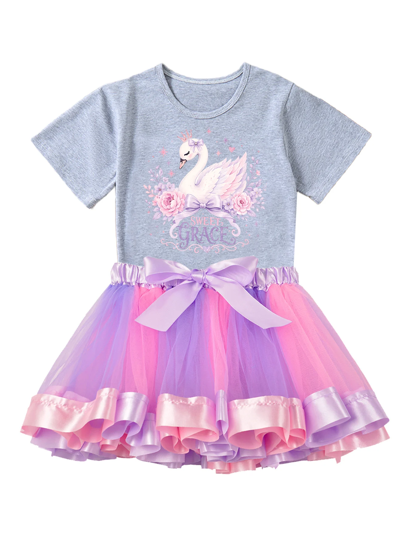 Toddler Girls 2Pcs Outfit Set Cute Swan Floral Print Short Sleeve T-Shirt Pink Purple Ruffle Tulle Tutu Skirt Kids Birthday Part