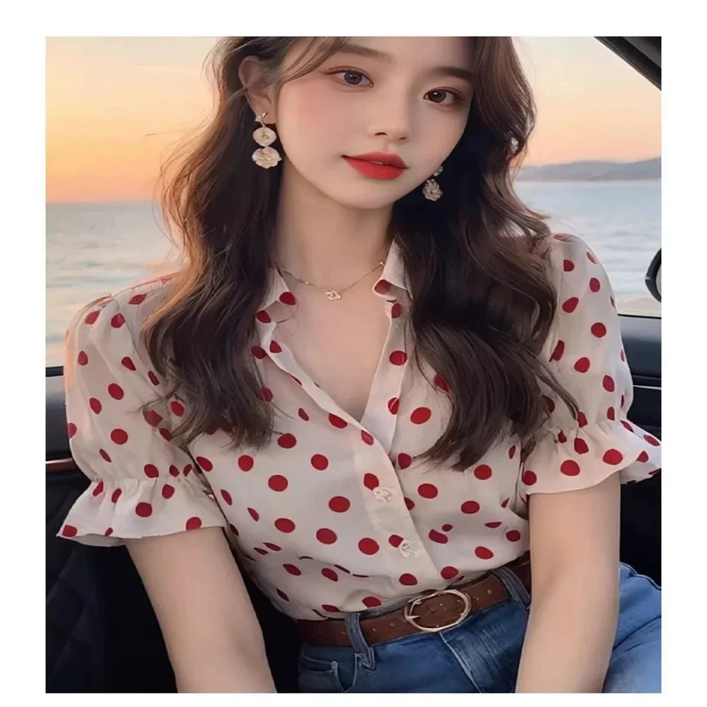 

Summer Ladies' Blouse New Korean Tops white shirt women Slim tops 2024 High Quality Red Dot Shirt for Women's Turn Down Collar