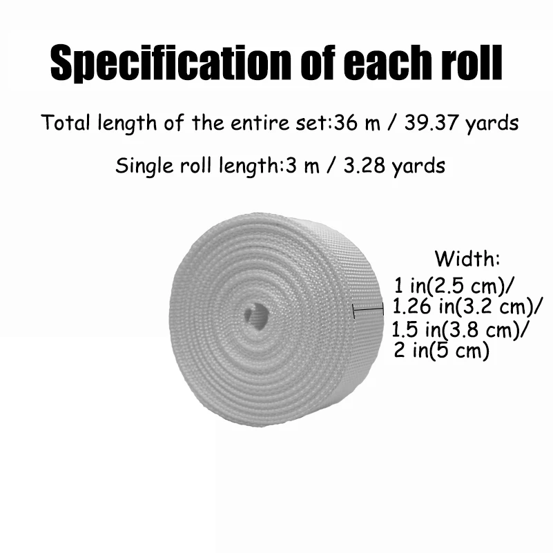 12-Pack Polyester Webbing Straps Set,Various Colors,3m Each Roll,Total Length 36m,4 Different Width Options Available