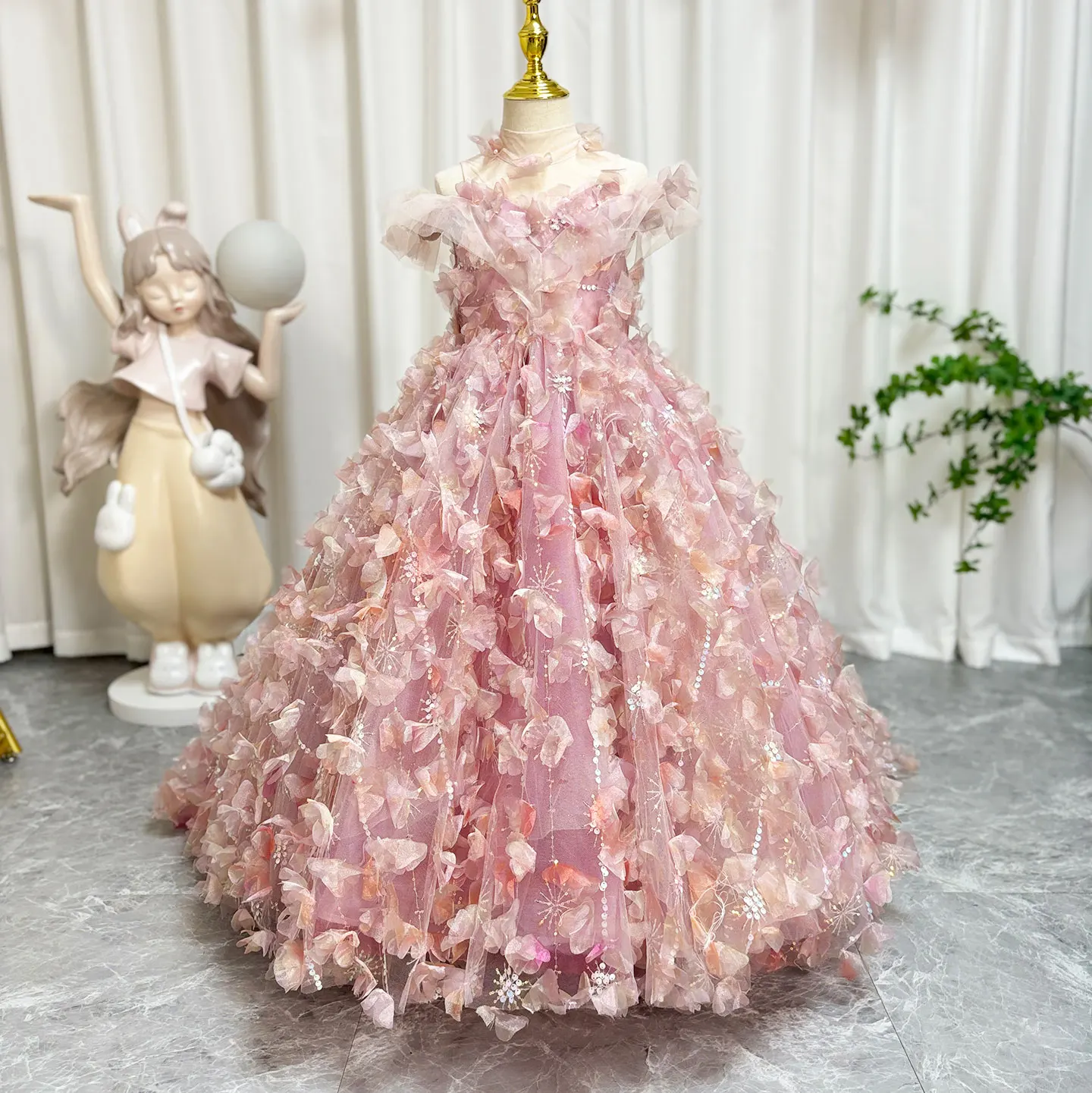 Robe de luxe rose pour filles, avec fleurs, princesse, fête d'anniversaire, de mariage, robe de sainte Communion pour enfants, 2025