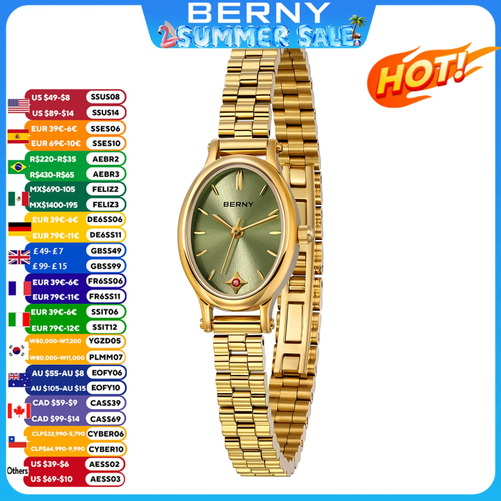 

BERNY Gold Watch for Women Olive Green Quartz Jewelry Bracelet Casual Jewelry Women's Wristwatch Small Fashion Ladies Watches