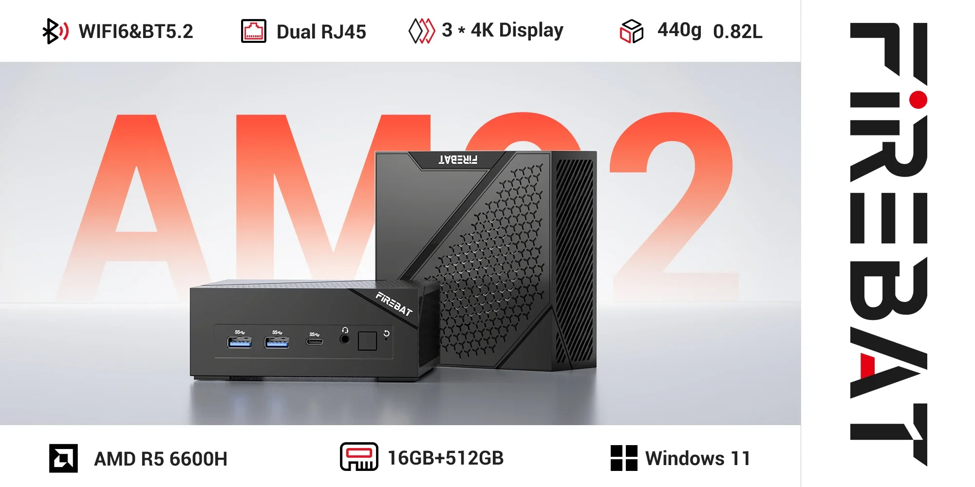 Firebat Am02 Amd Ryzen 5 6600H Mini-PC Ddr5 16Gb Ram 512Gb Ssd Wifi6 Bt5.2 Tragbarer Desktop Mini-PC Computer Netzwerk HDMI-Anschluss – Detail 2
