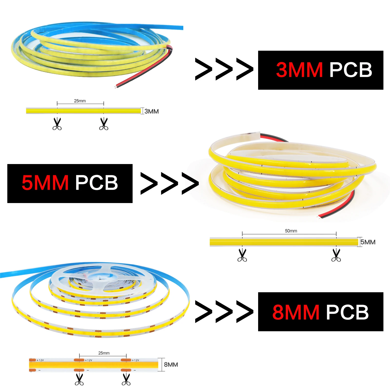 3mm 5mm 8mm PCB COB LED Strip Light 12V 320LEDs/M RA90 Warm Natural White Ice Blue Red Green Room Mirror TV DIY Backlight 5-0.5M