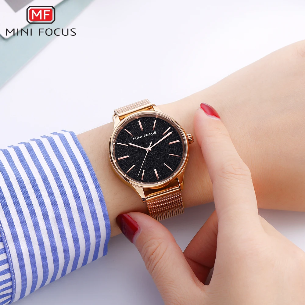 Latest MINI FOCUS MF0044L Simple Luxury Women Watch Rose Gold Milanese Mesh Steel Band Waterproof Japan Movement Quartz Watches