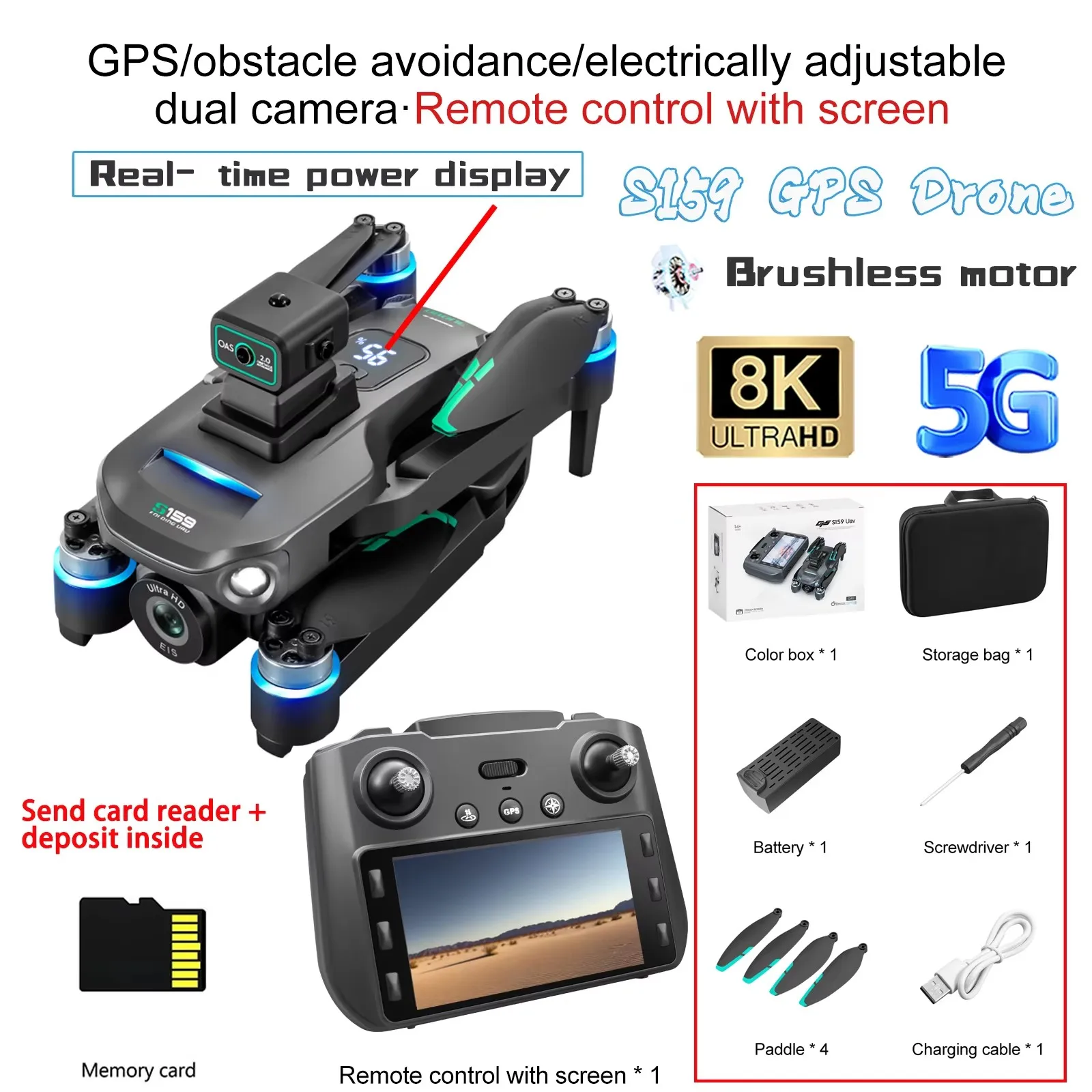 S159 GPS Drone Professioneel 360° °   Obstakel vermijden borstelloze 8K HD dubbele camera met scherm 5G WIFI FPV Dron opvouwbare quadcopter