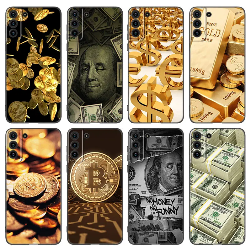 Money Dollars Gold Coin Phone Case For Samsung Galaxy S20 S21 FE S22 Ultra S10 Lite S10E S9 S8 Plus S7 Edge Soft TPU Black Cover