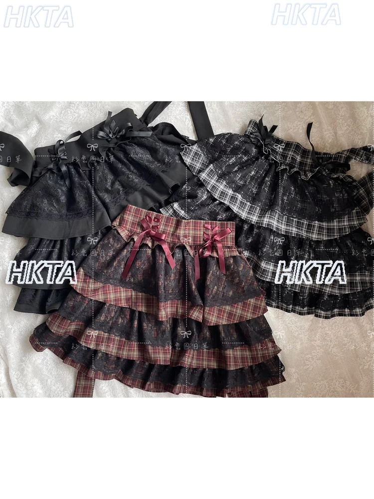 

Japanese Style Vintage 2025 Layered Lace Lotus Edge Bow Plaid Strap Cake Black Skirts Women Goth A Line Lolita Skirts for Girls