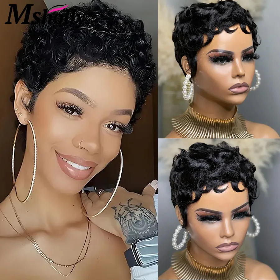 Kurze Perücke Pixie Cut Curly Wave Echthaar Perücken 180% Dichte für schwarze Frauen volle Maschine gemacht kurze lockige Haar Perücke mit Pony