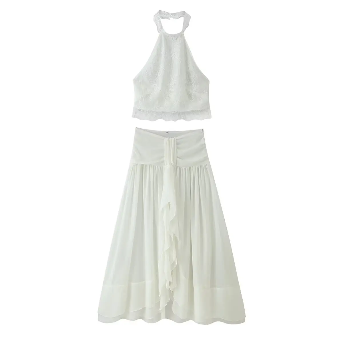 Holiday Semi Sheer White Lace Halter Tank Top Vest+ Ruched Zipper Waist Cascade Ruffles Asymmetry Long Skirt Suits 2pcs 1 Set