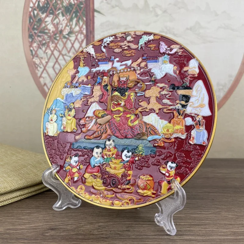 Painted Zhao Gongming Riding a Tiger Ornament for Home Decoration, Round Plate Decor for Living Room, Wine Cabinet, and Entryway