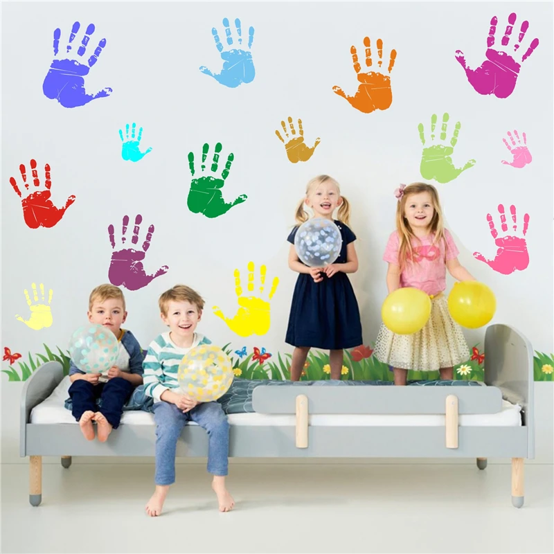 Colorful Palm Kindergarten Wall Decoration Sticker PVC Self-adhesive Watercolor Handprint Cartoon Wall Sticker 45x30cm