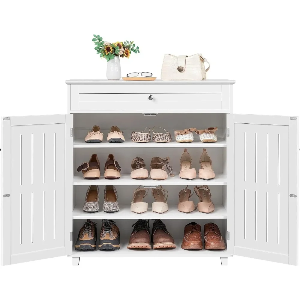 Shoe Cabinet, 4-Tier Shoe Storage Cabinet with Drawer & Adjustable Shelves, Wooden Rack Organizer with Louvered Doors