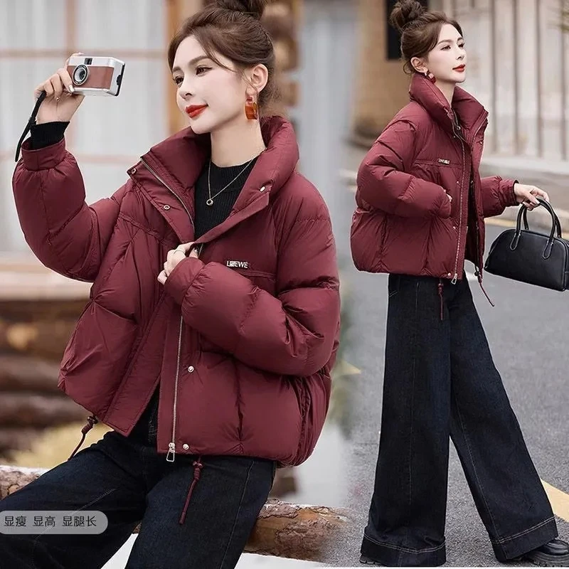 2025 novo inverno feminino angola vermelho edredão algodão curto casaco solto casual moda feminina jaqueta gola pão overwear
