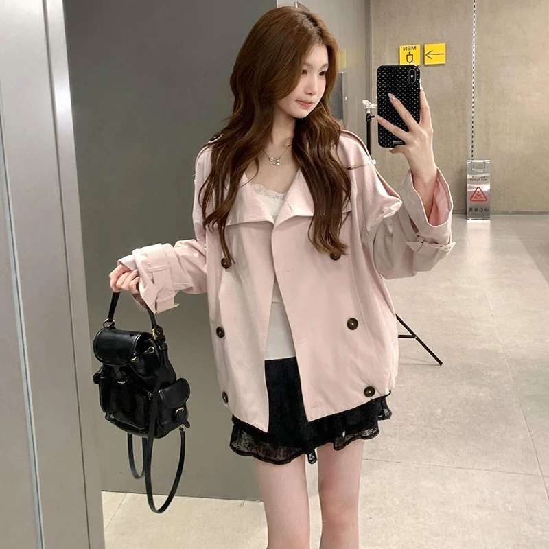 Sweet Double Breasted Trench Women Autumn Pink Chic Turn Down Collar Loose Jacket Office Lady Fashion Epaulet Outwear Tops New