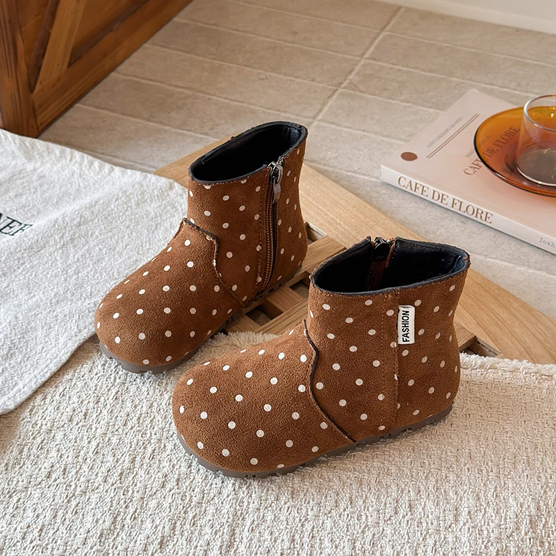 Toddler Girls Suede Leather Boots with Polka Dot 2026 New Winter Kids Ankle Boots Non-slip Trendy Retro School Party Wedding