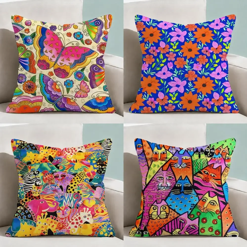 Artist Laurel Burch Fantastic Felines Cushion Cover Throw Pillow Soft Short Plush Cozy Durable Colorfast Sofa Bedroom Home Decor