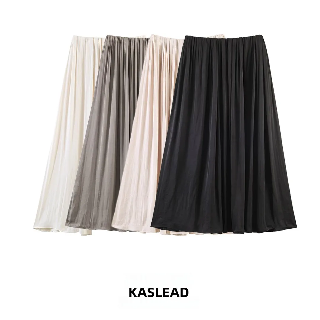 

KASLEAD New Women's Fashion Acetate Pleated Loose Elastic Waist Pleated Skirt Polyester Fiber Folded Wrinkle Design